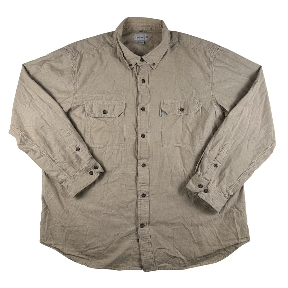 Carhartt Shirt Mens 2XL Beige Solid Long Sleeve Button Up Relaxed Fit Workwear